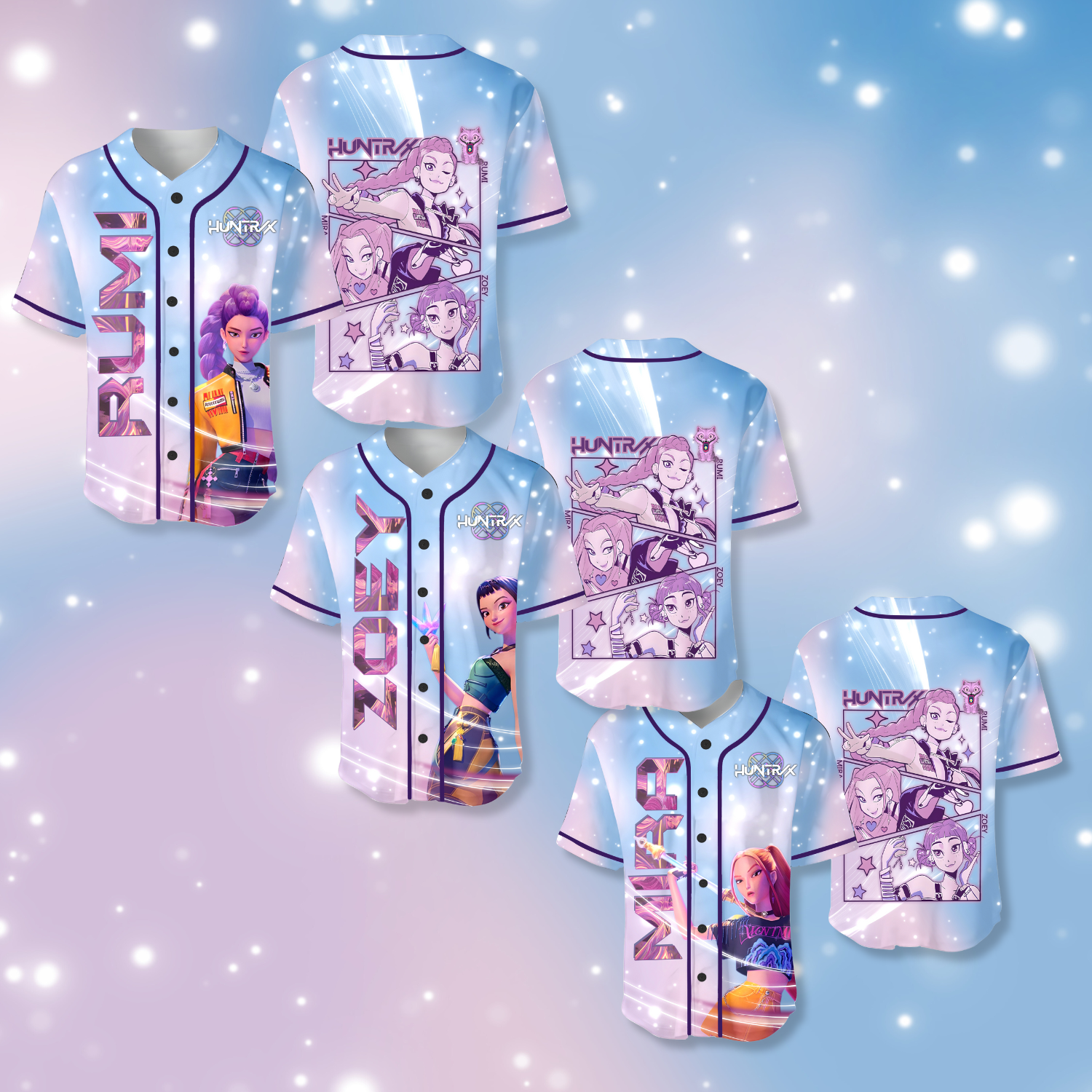 Huntrix Mira-Zoey-Rumi Baseball Jersey, Kpop Demon Hunters Merch | Adult & Kids Sizes